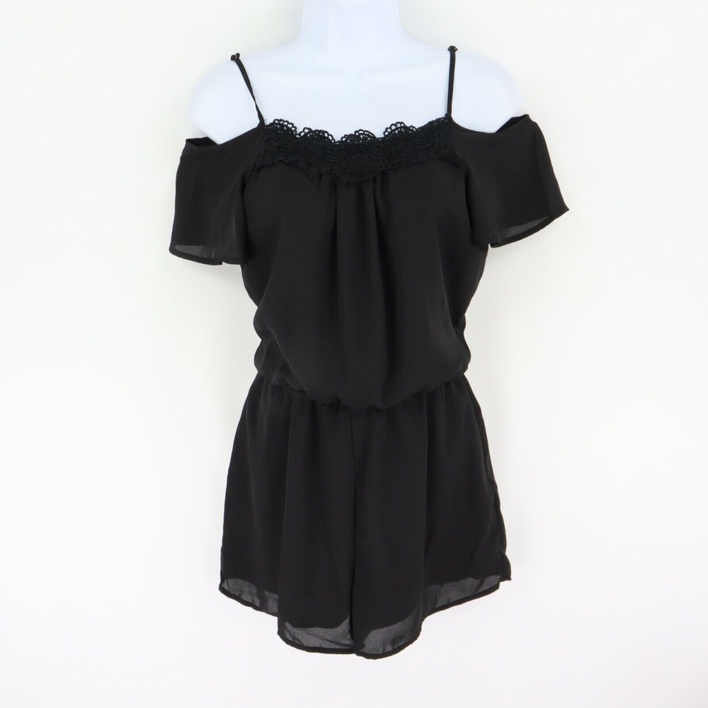Decree Romper Cold Shoulder Short Sleeves Womens Sz XS Black Lined Lace Neckline